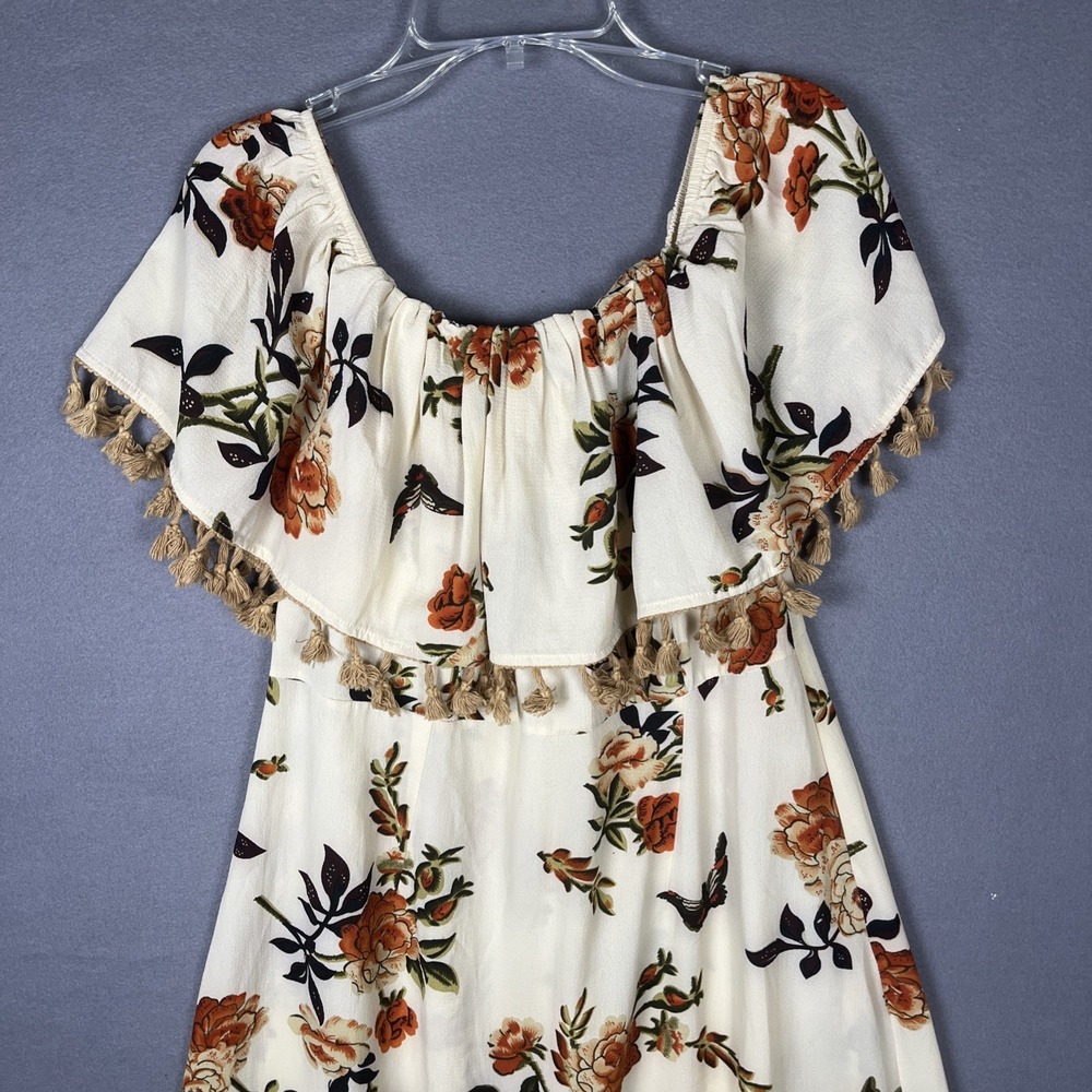 BOOHOO BEIGE FLORAL SHIRRED BUST BARDOT MAXI DRESS SIZE 10‎ OFF THE SHOULDER